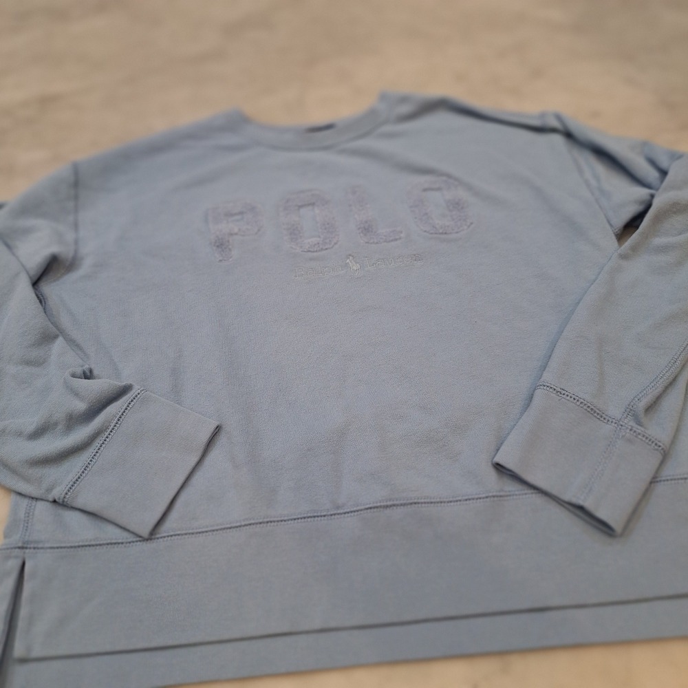 Polo Ralph Lauren Sweatshirt Womens Medium Blue Chenille Logo High Low Pullover